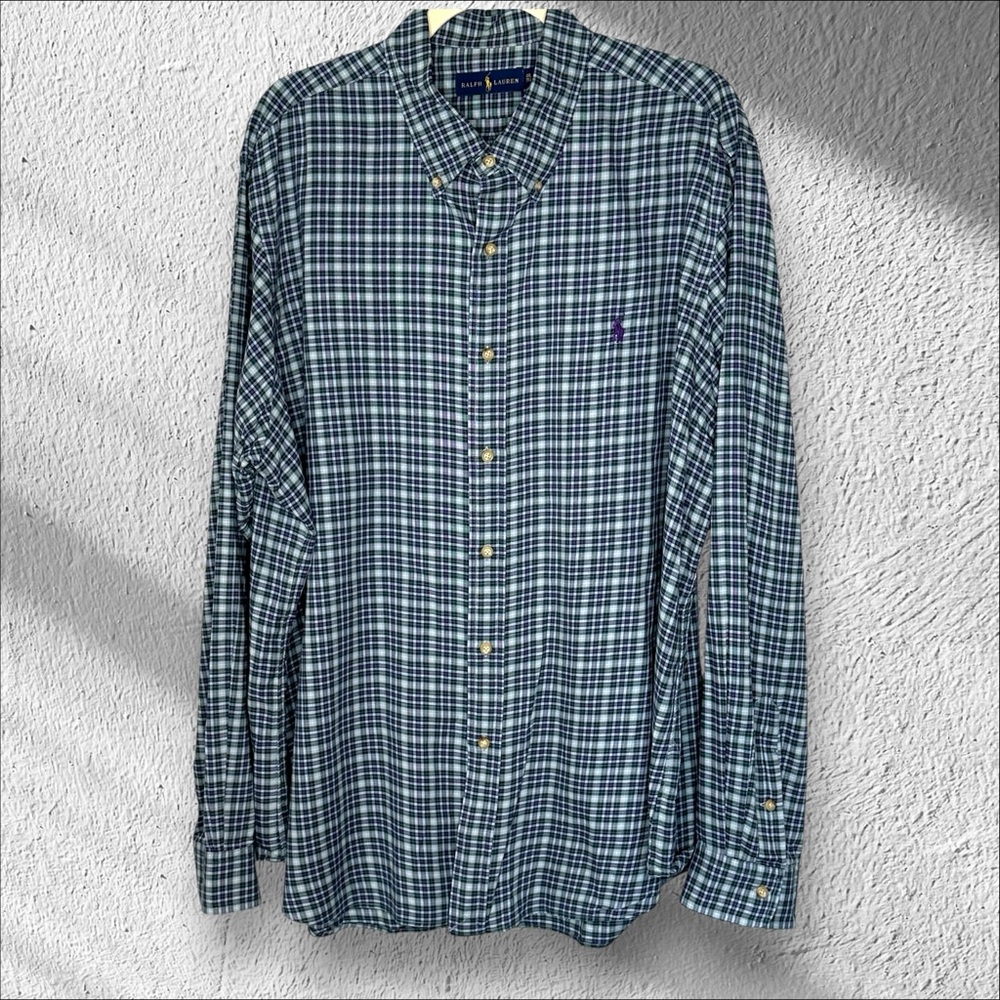 Ralph Lauren Men's Navy &‎ White Long Sleeve Plaid Shirt Size XXL Preppy Classic